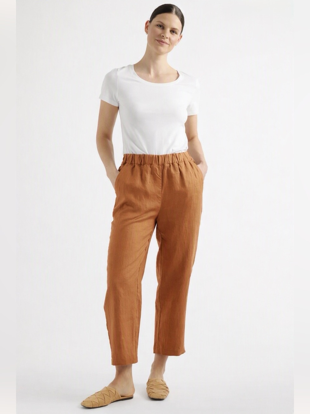 Quince 100% European Linen Pants Terracotta Rust Lagenlook Easy Pull-On Small S